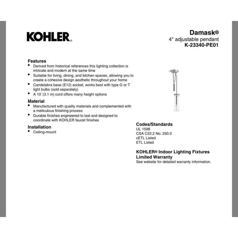 Kohler K-23340-PE01-SNL Damask Pendant in Polished Nickel, view 5