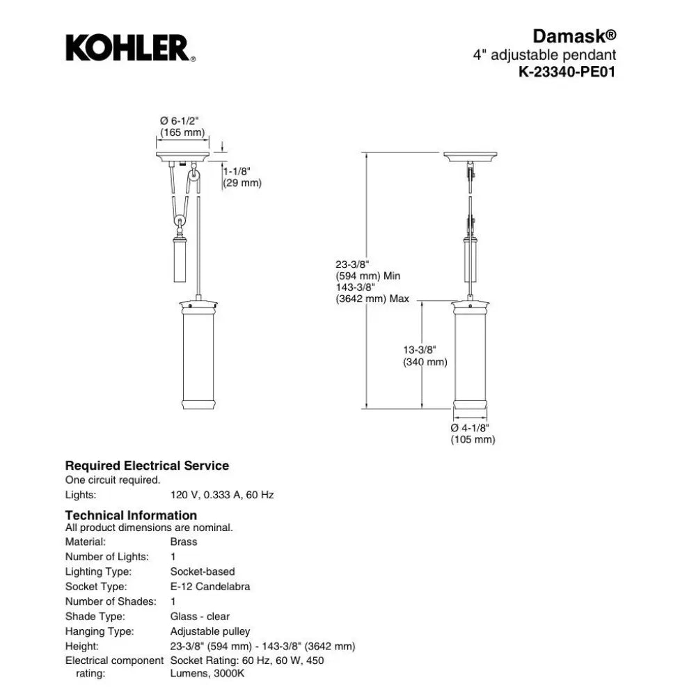 Kohler K-23340-PE01-SNL Damask Pendant in Polished Nickel, view 6
