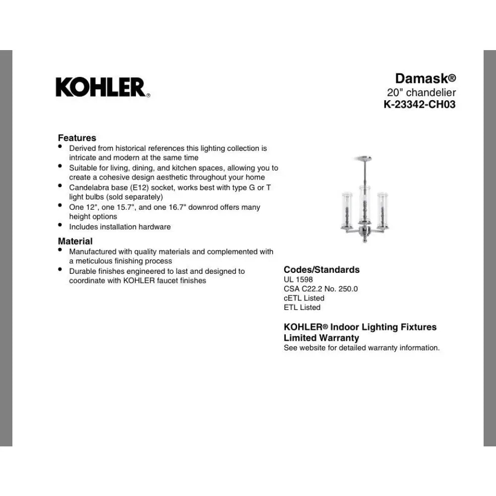 Kohler K-23342-CH03-BZL Damask Chandelier 20in in Oil-Rubbed Bronze, view 3