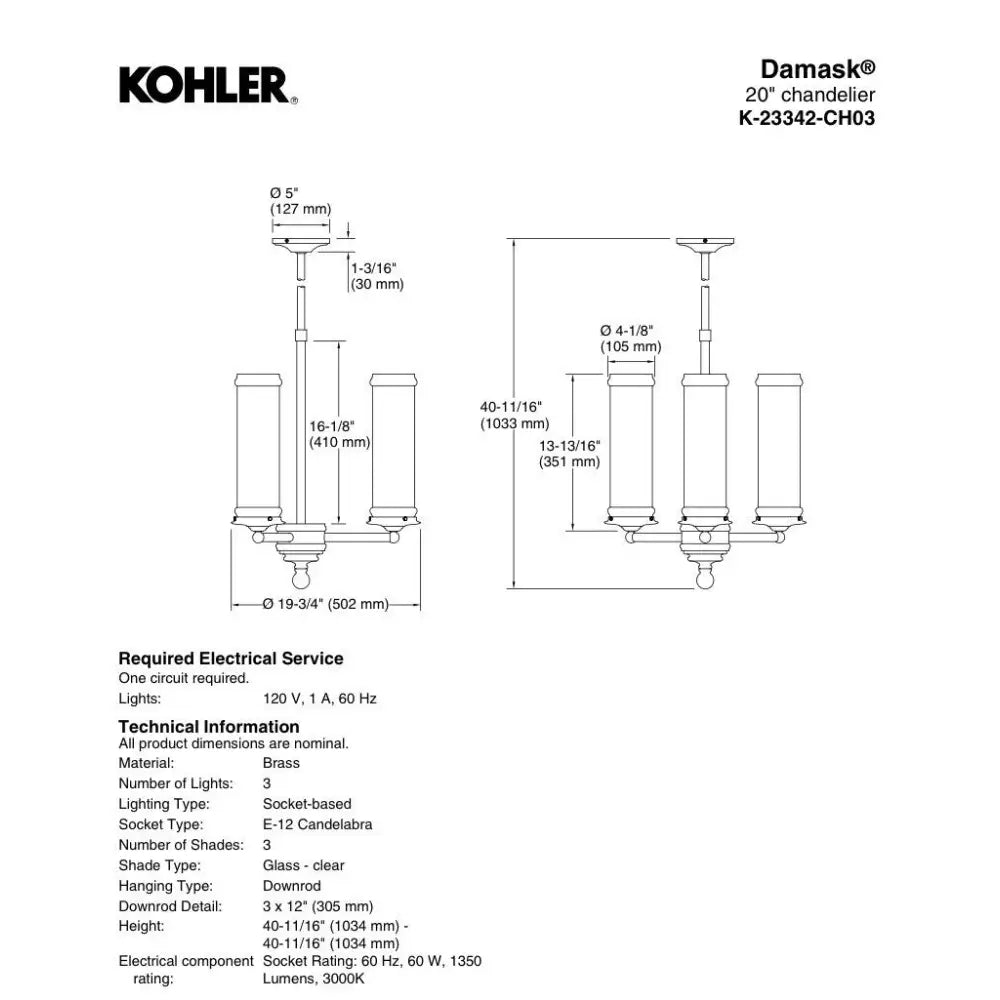 Kohler K-23342-CH03-BZL Damask Chandelier 20in in Oil-Rubbed Bronze, view 4