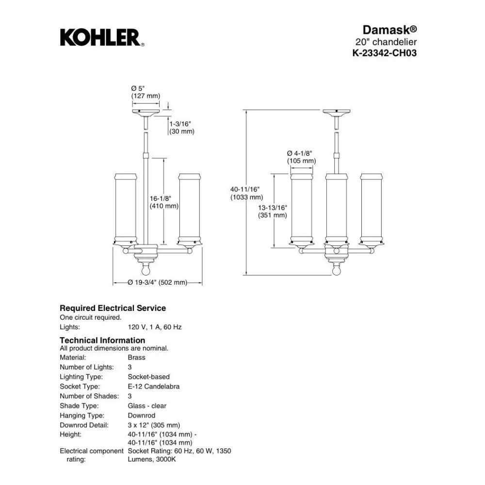 Kohler K-23342-CH03-CPL Damask Chandelier 20in in Polished Chrome, view 5