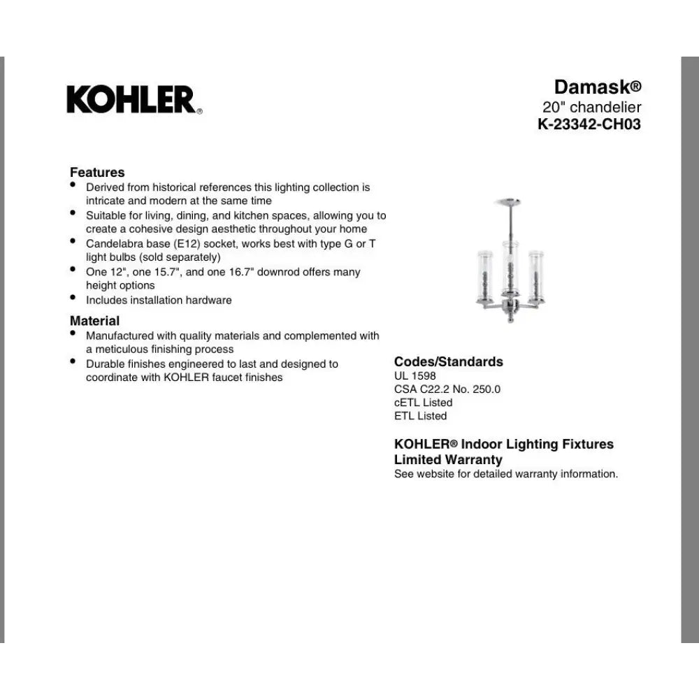 Kohler K-23342-CH03-CPL Damask Chandelier 20in in Polished Chrome, view 4