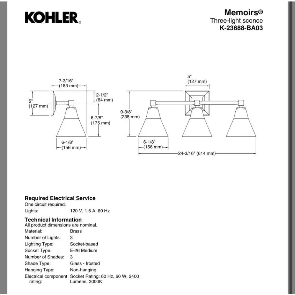 Kohler K-23688-BA03-BZL Memoirs Vanity Light 24in in Oil-Rubbed Bronze, view 4