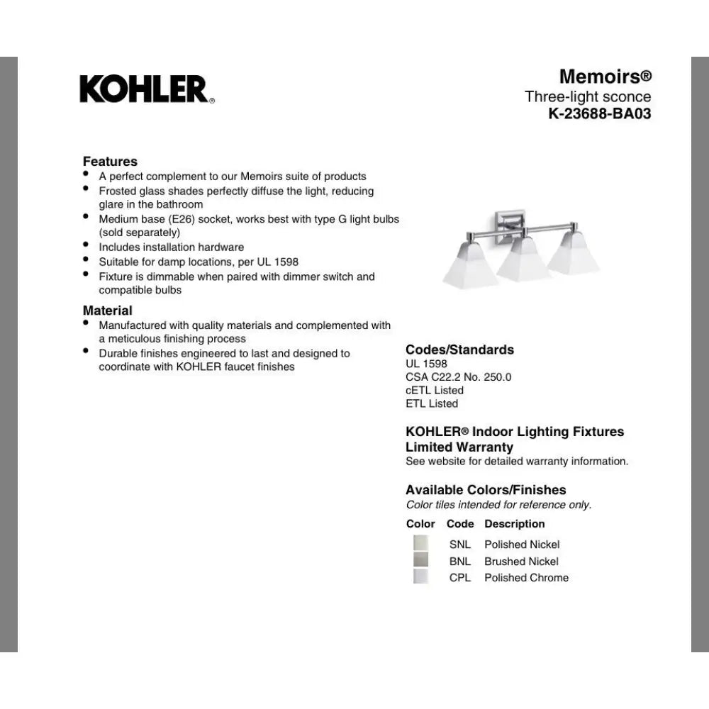 Kohler K-23688-BA03-BZL Memoirs Vanity Light 24in in Oil-Rubbed Bronze, view 3