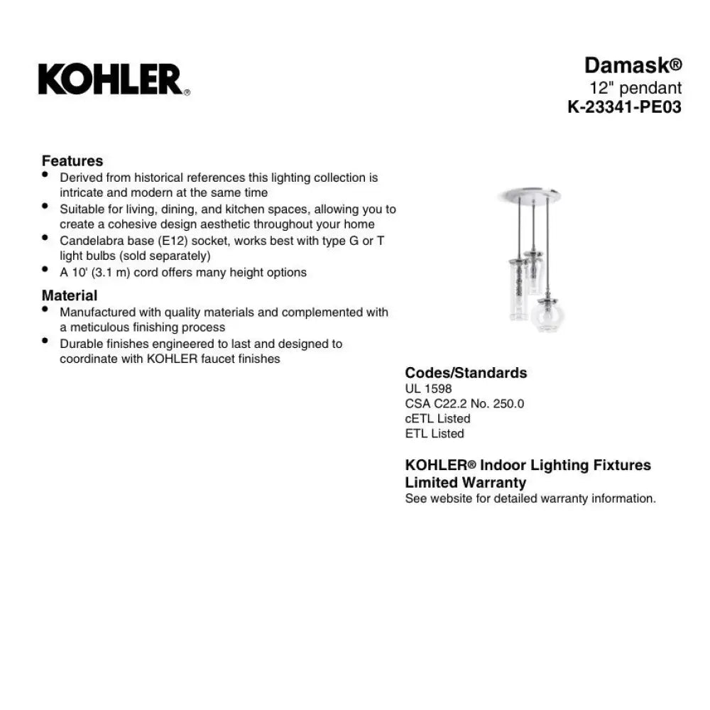 Kohler K-23341-PE03-CPL Damask Pendant 12in in Polished Chrome, view 5