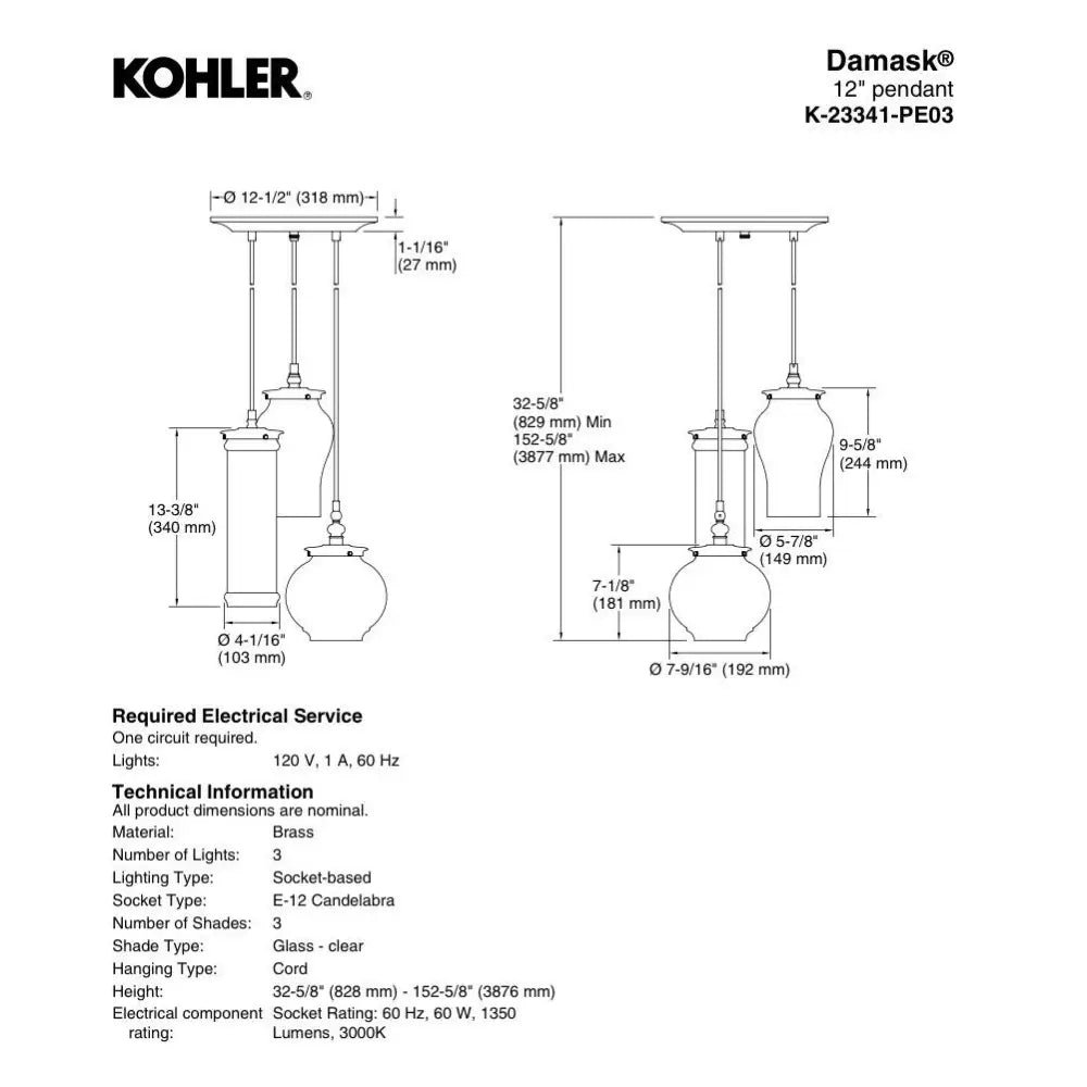 Kohler K-23341-PE03-CPL Damask Pendant 12in in Polished Chrome, view 6