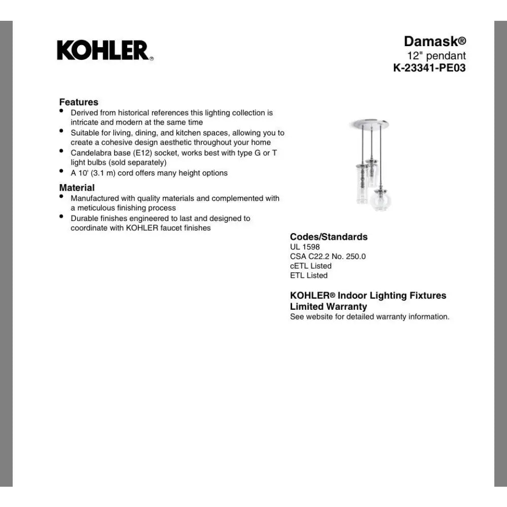 Kohler K-23341-PE03-BZL Damask Pendant 12in in Oil-Rubbed Bronze, view 5