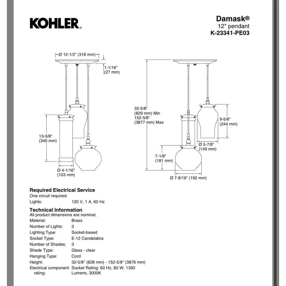 Kohler K-23341-PE03-BZL Damask Pendant 12in in Oil-Rubbed Bronze, view 6