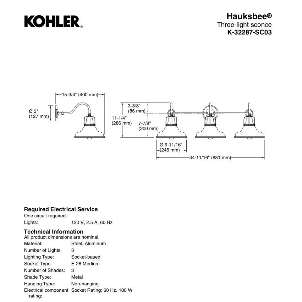 Kohler K-32287-SC03-CPL Hauksbee Vanity Light 35in in Polished Chrome, view 3