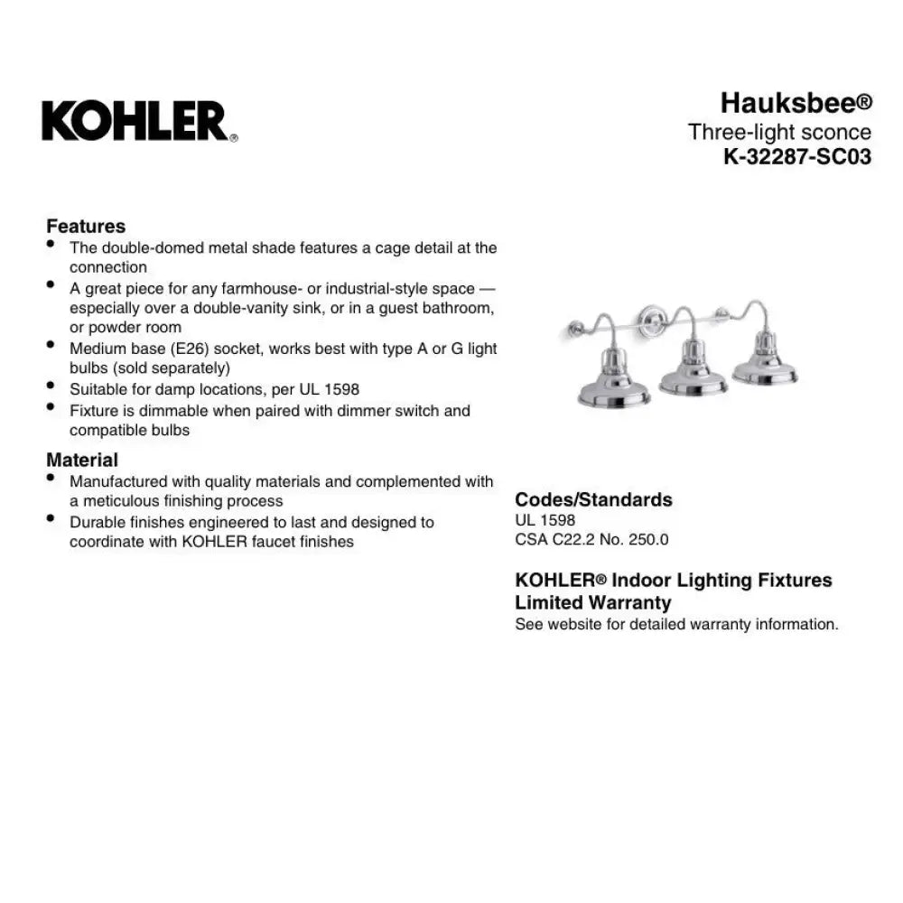 Kohler K-32287-SC03-CPL Hauksbee Vanity Light 35in in Polished Chrome, view 2