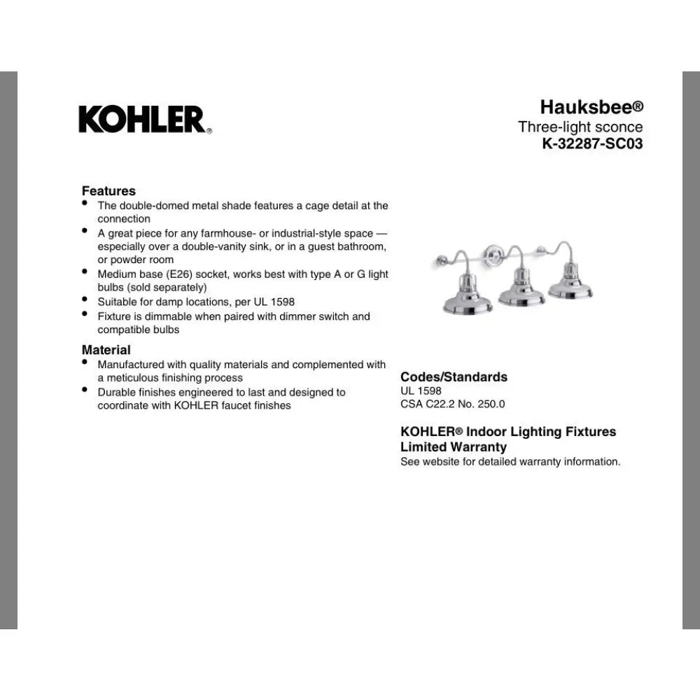 Kohler K-32287-SC03-WGL Hauksbee Vanity Light 35in in Matte White, view 2