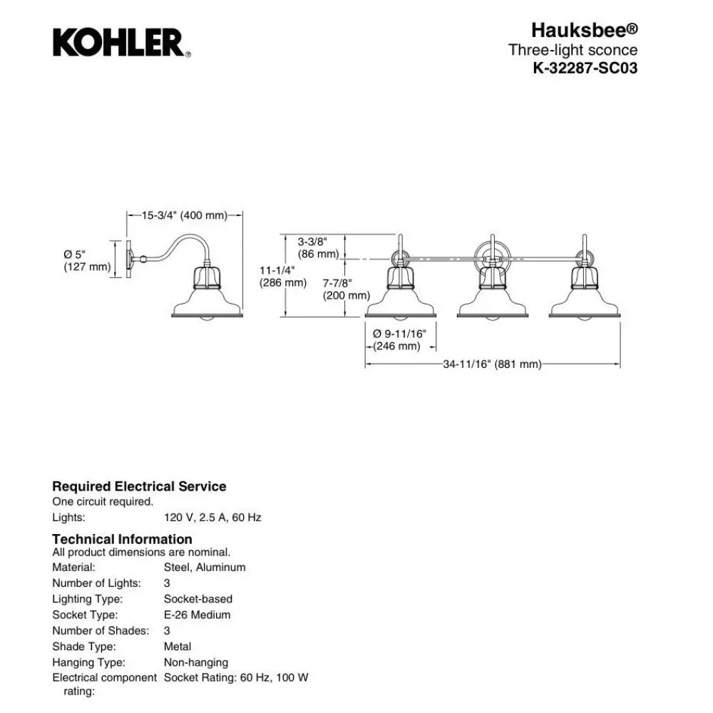 Kohler K-32287-SC03-WGL Hauksbee Vanity Light 35in in Matte White, view 3