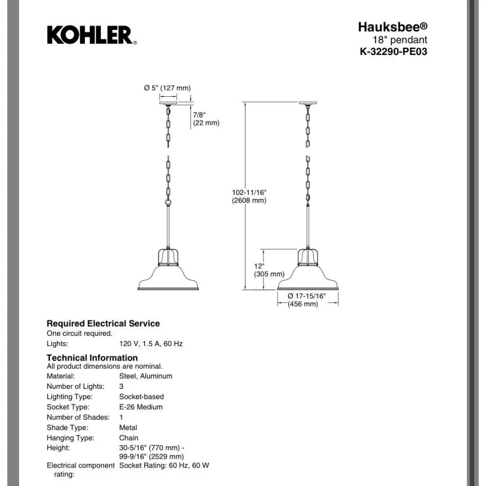 Kohler K-32290-PE03-WCL Hauksbee Pendant 18in in Matte White, view 4