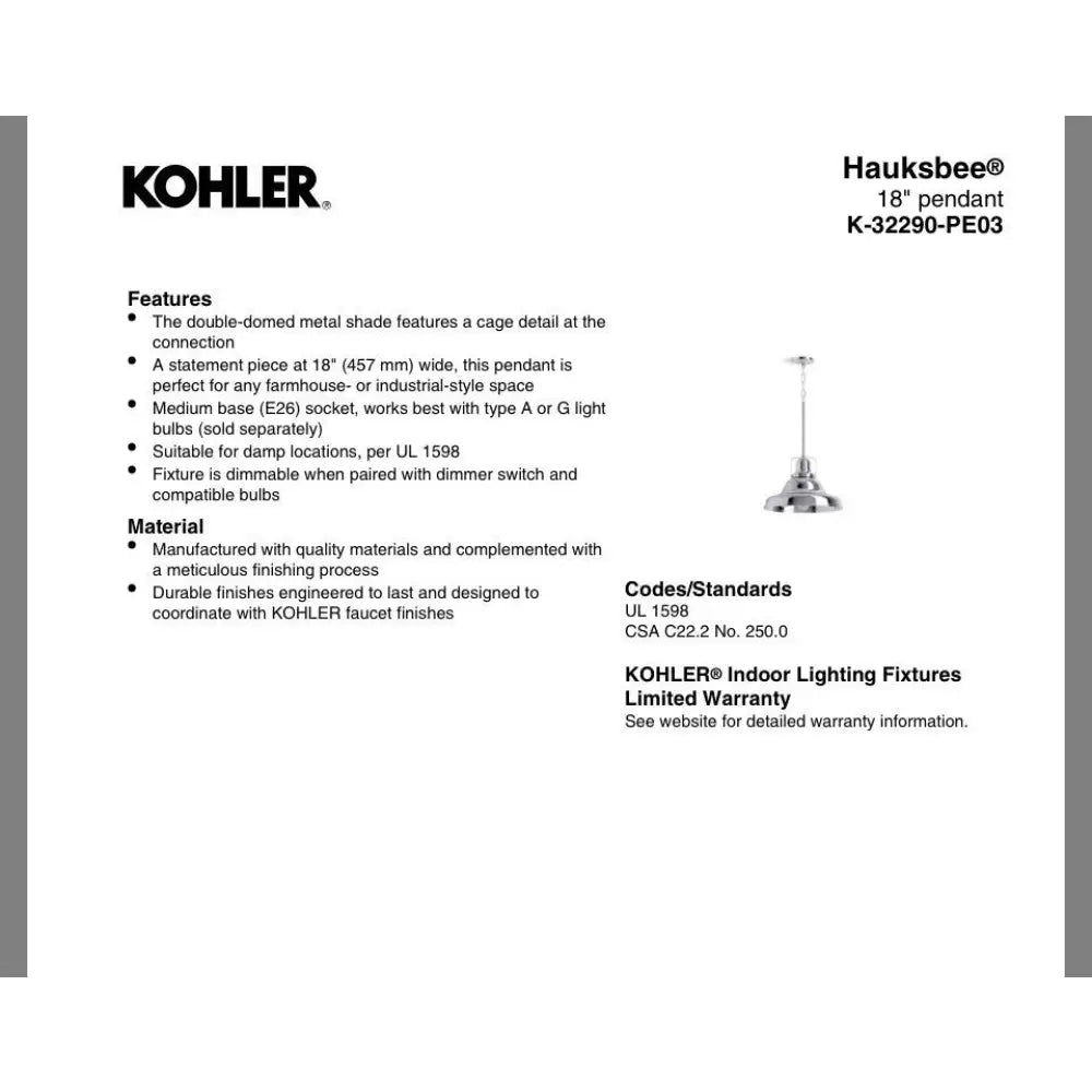 Kohler K-32290-PE03-WCL Hauksbee Pendant 18in in Matte White, view 3