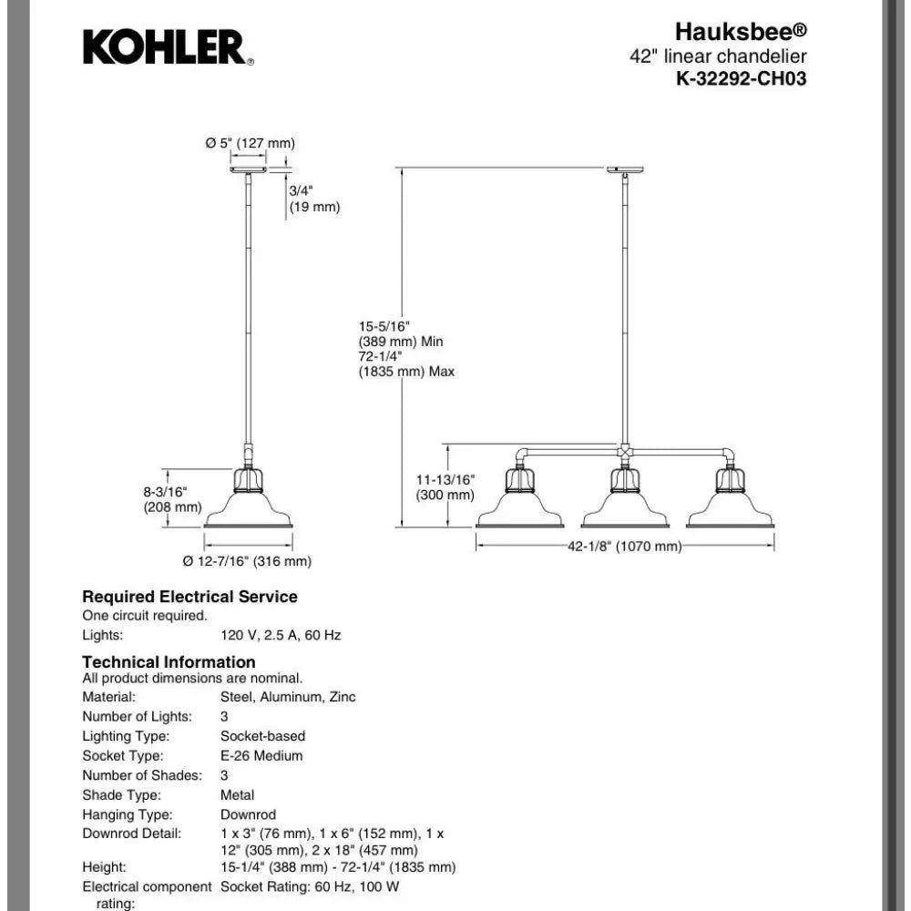 Kohler K-32292-CH03-BML Hauksbee Linear Chandelier 42in in Matte Black with Brushed Brass, view 3