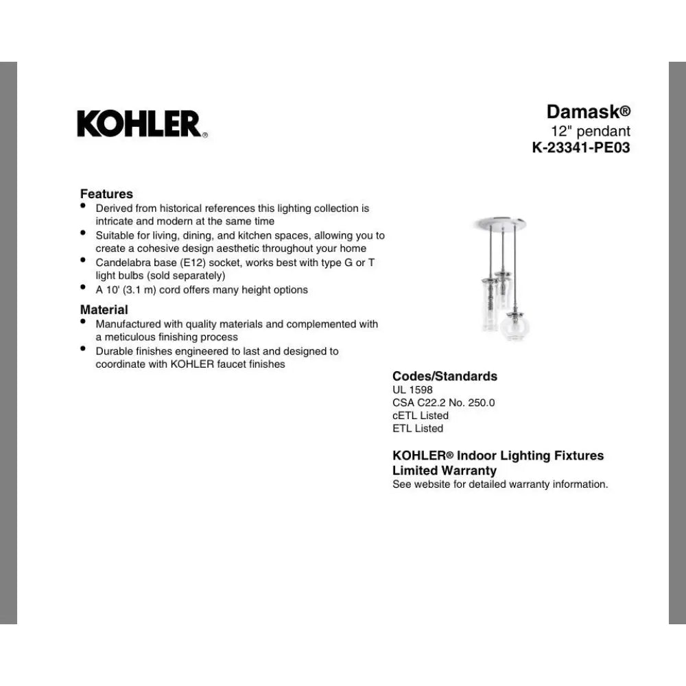 Kohler K-23341-PE03-SNL Damask Pendant 12in in Polished Nickel, view 5