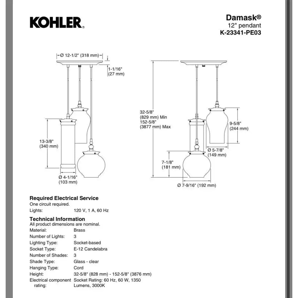 Kohler K-23341-PE03-SNL Damask Pendant 12in in Polished Nickel, view 6