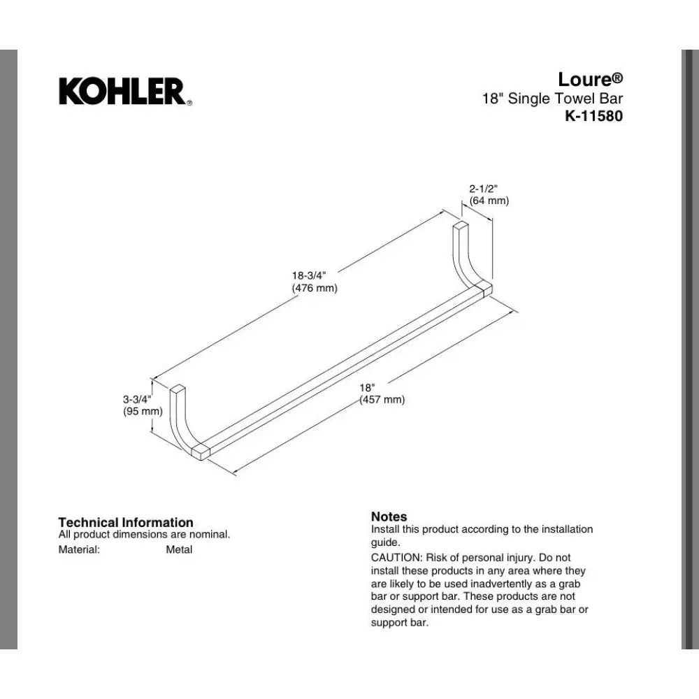 Kohler K-11580-CP Loure Towel Bar 18in in Polished Chrome, view 3