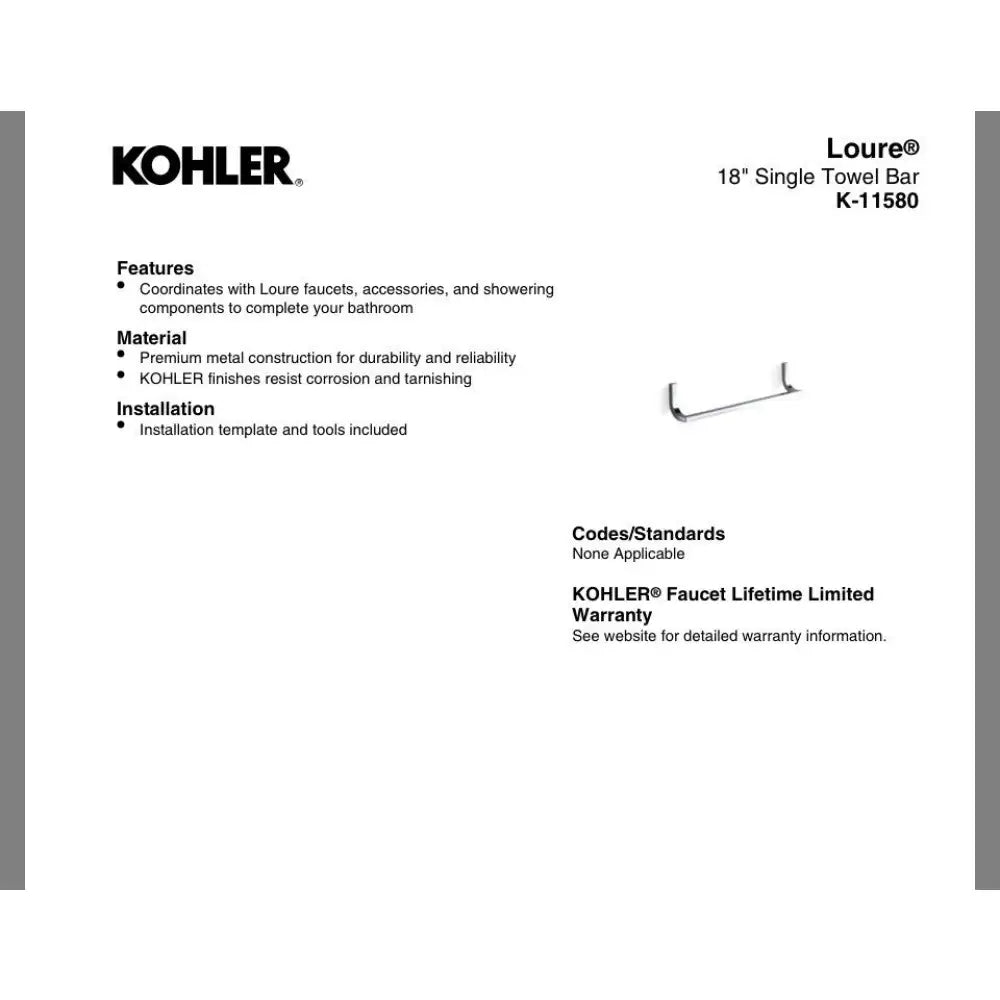 Kohler K-11580-CP Loure Towel Bar 18in in Polished Chrome, view 2