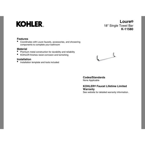 Kohler K-11580-CP Loure Towel Bar 18in in Polished Chrome, view 2