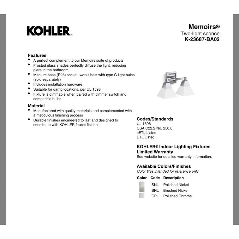 Kohler K-23687-BA02-BZL Memoirs Vanity Light 15in in Oil-Rubbed Bronze, view 6