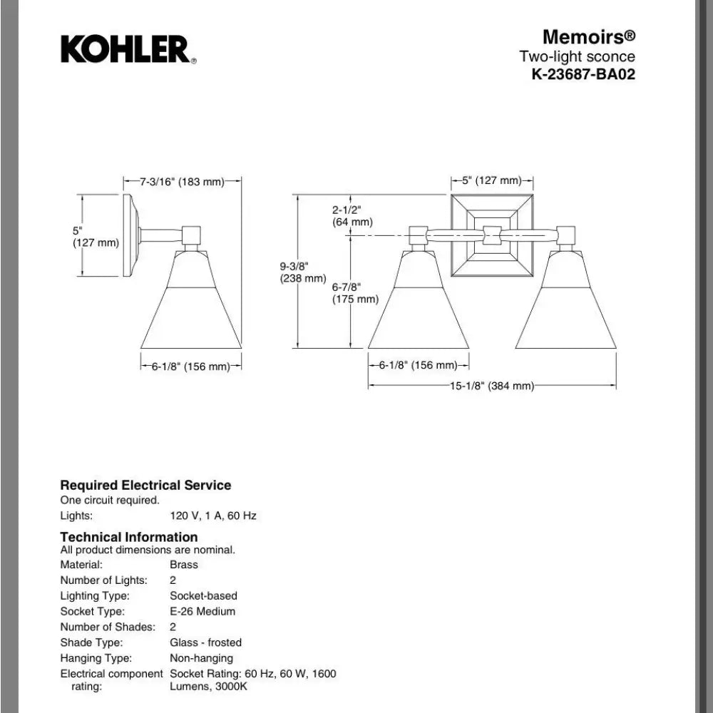 Kohler K-23687-BA02-BGL Memoirs Vanity Light 15in in Brushed Gold, view 4