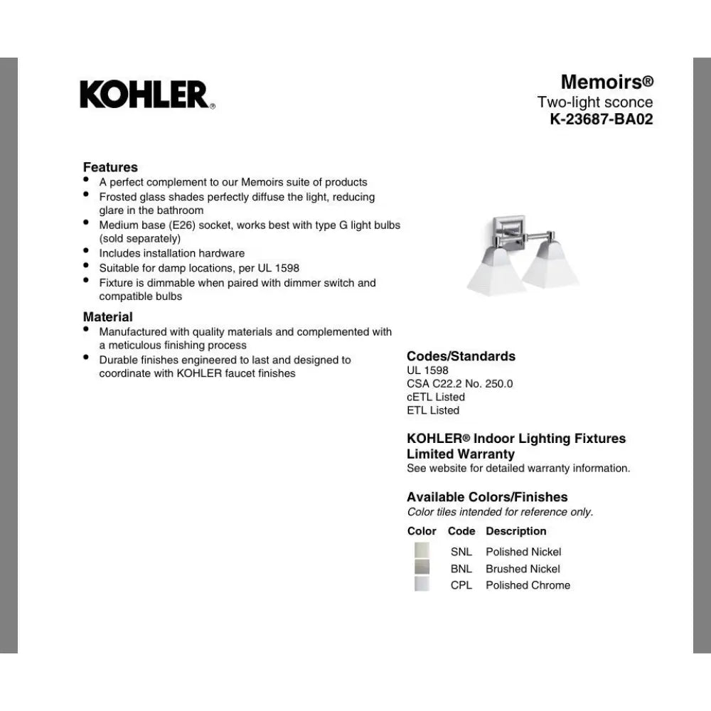 Kohler K-23687-BA02-BGL Memoirs Vanity Light 15in in Brushed Gold, view 3