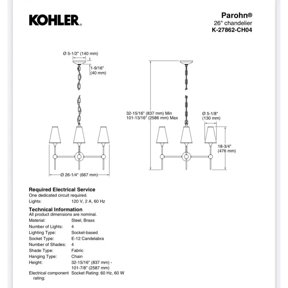 Kohler K-27862-CH04-GNL Parohn Chandelier 26in in Gunmetal, view 4