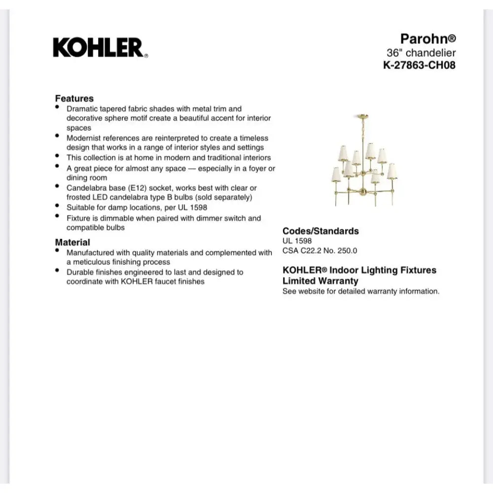 Kohler K-27863-CH08-SNL Parohn Chandelier 36in in Polished Nickel, view 3