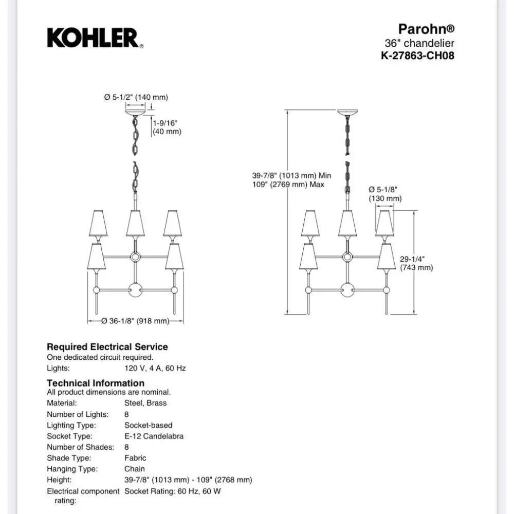 Kohler K-27863-CH08-SNL Parohn Chandelier 36in in Polished Nickel, view 4