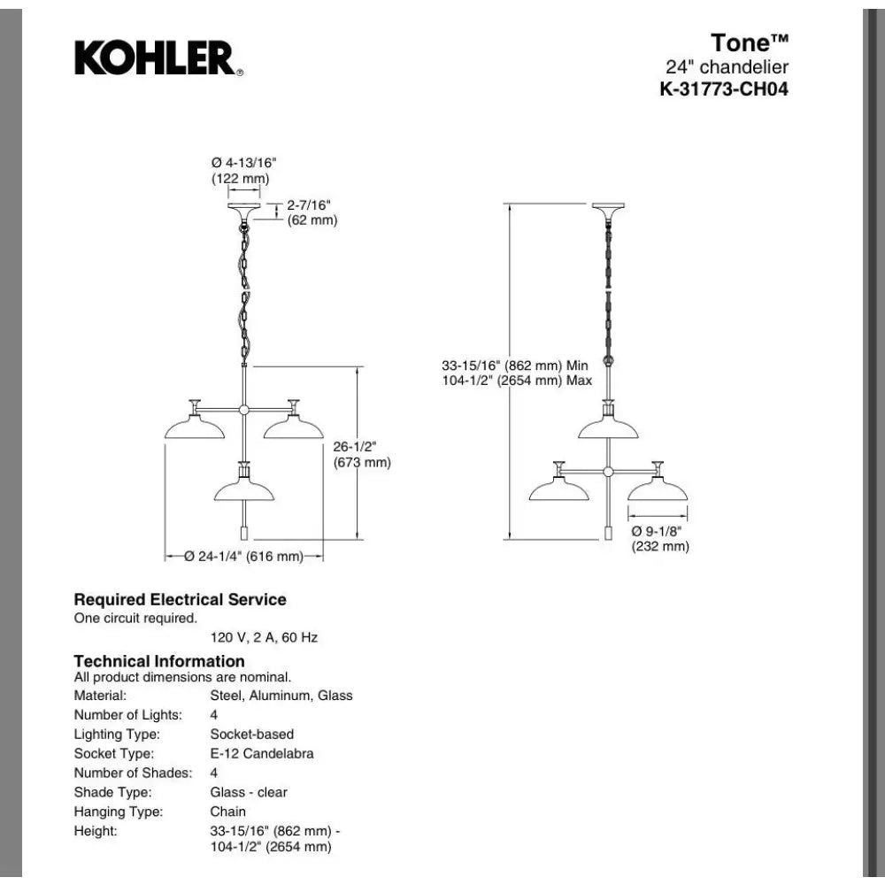 Kohler K-31773-CH04-BLL Tone Chandelier 24in in Matte Black, view 3