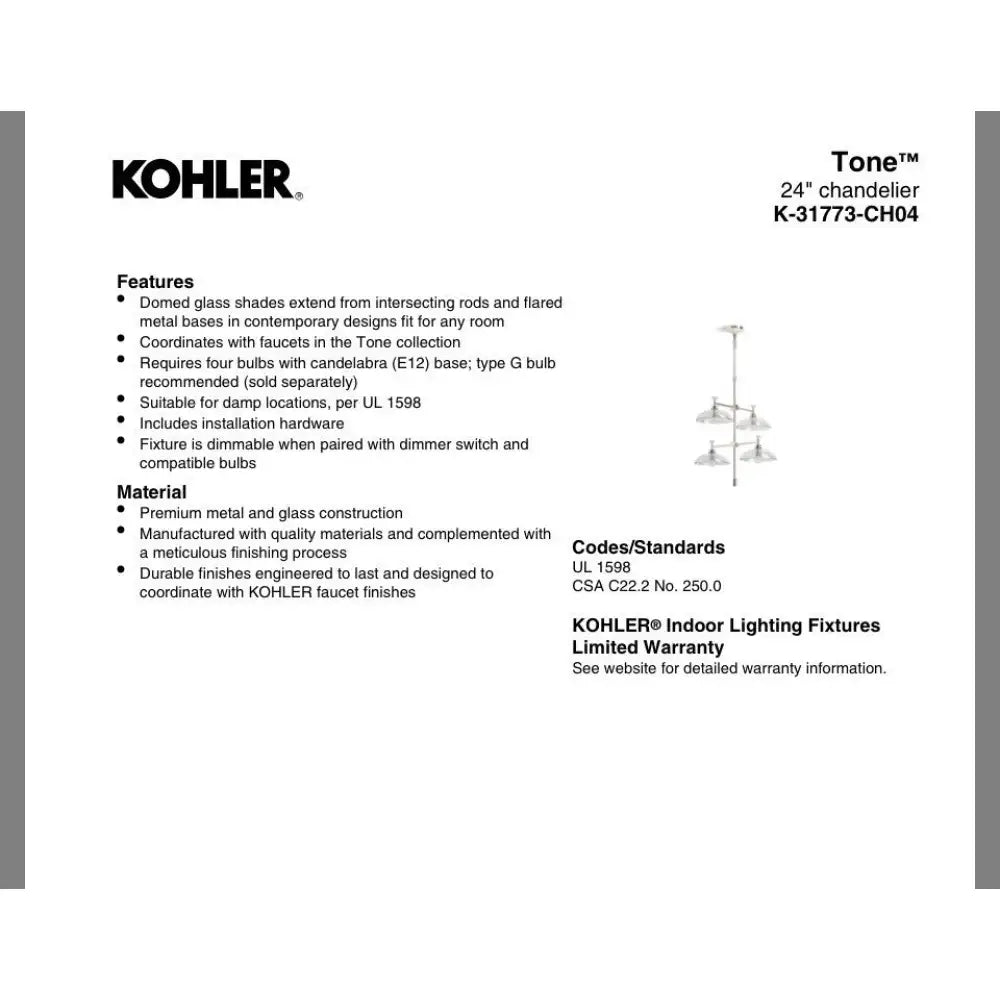 Kohler K-31773-CH04-BLL Tone Chandelier 24in in Matte Black, view 4