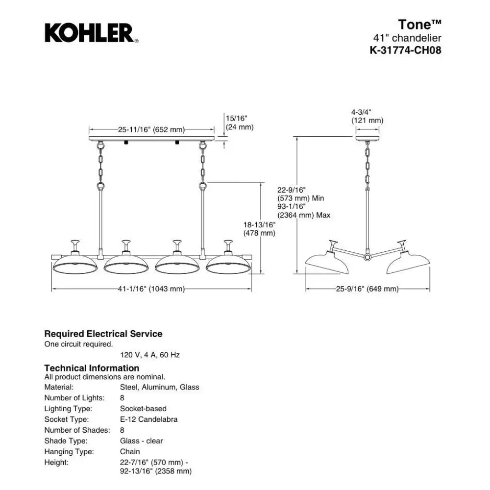 Kohler K-31774-CH08-BML Tone Linear Chandelier in Matte Black with Brushed Brass, view 3