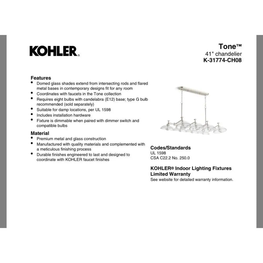 Kohler K-31774-CH08-BML Tone Linear Chandelier in Matte Black with Brushed Brass, view 2