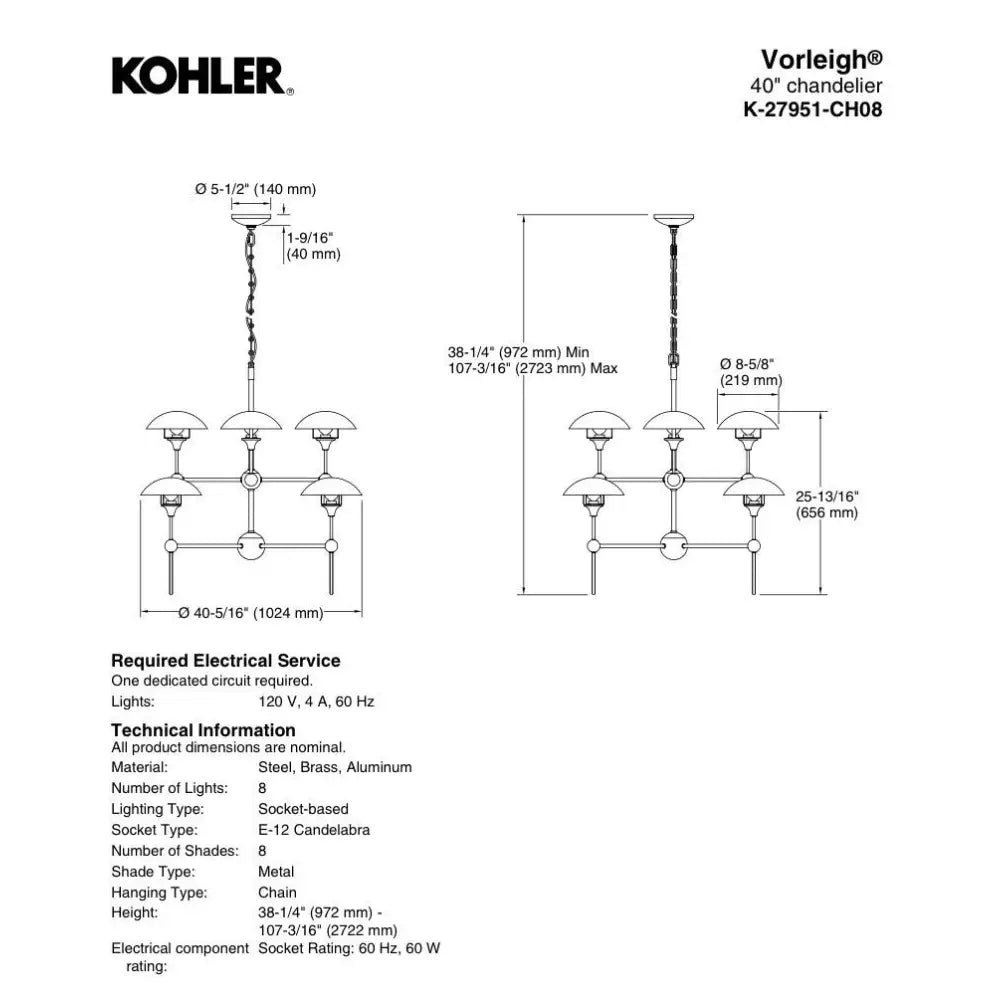 Kohler K-27951-CH08-2GL Vorleigh Chandelier in Brushed Modern Brass, view 3