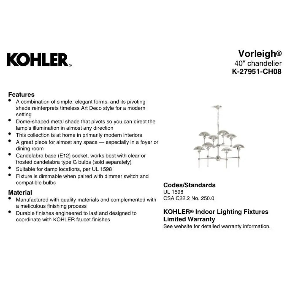 Kohler K-27951-CH08-2GL Vorleigh Chandelier in Brushed Modern Brass, view 4