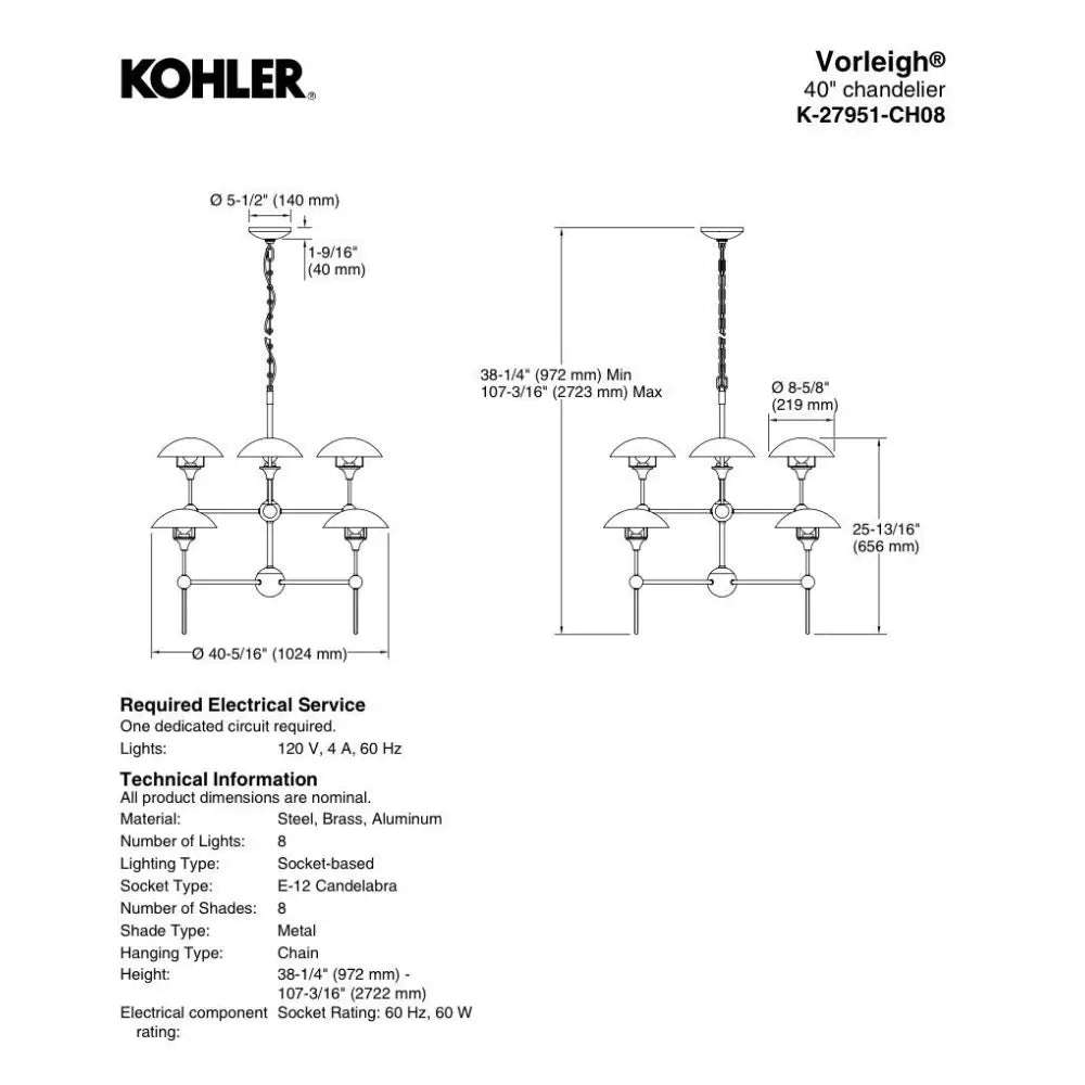 Kohler K-27951-CH08-2PL Vorleigh Chandelier in Polished Brass, view 4