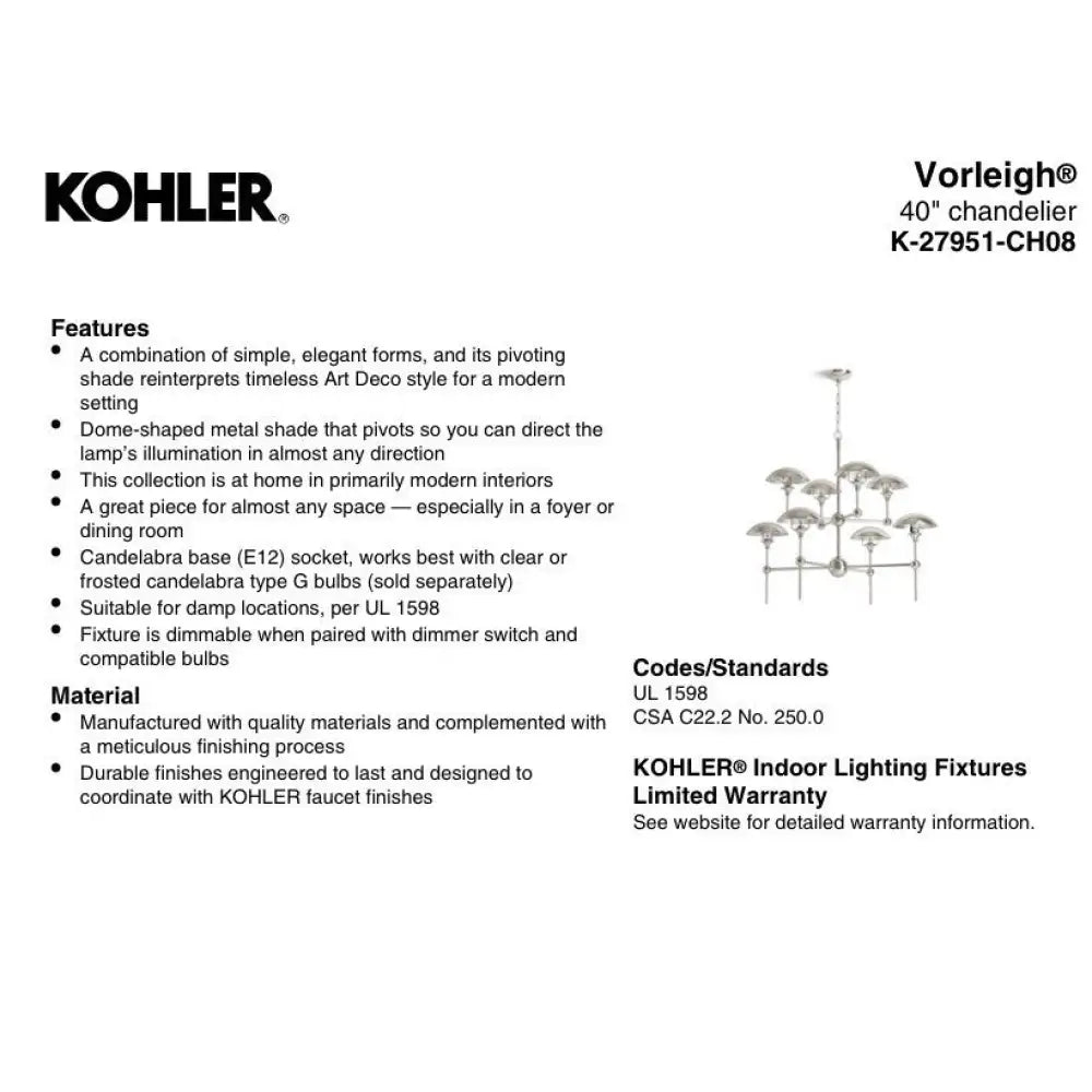 Kohler K-27951-CH08-2PL Vorleigh Chandelier in Polished Brass, view 3