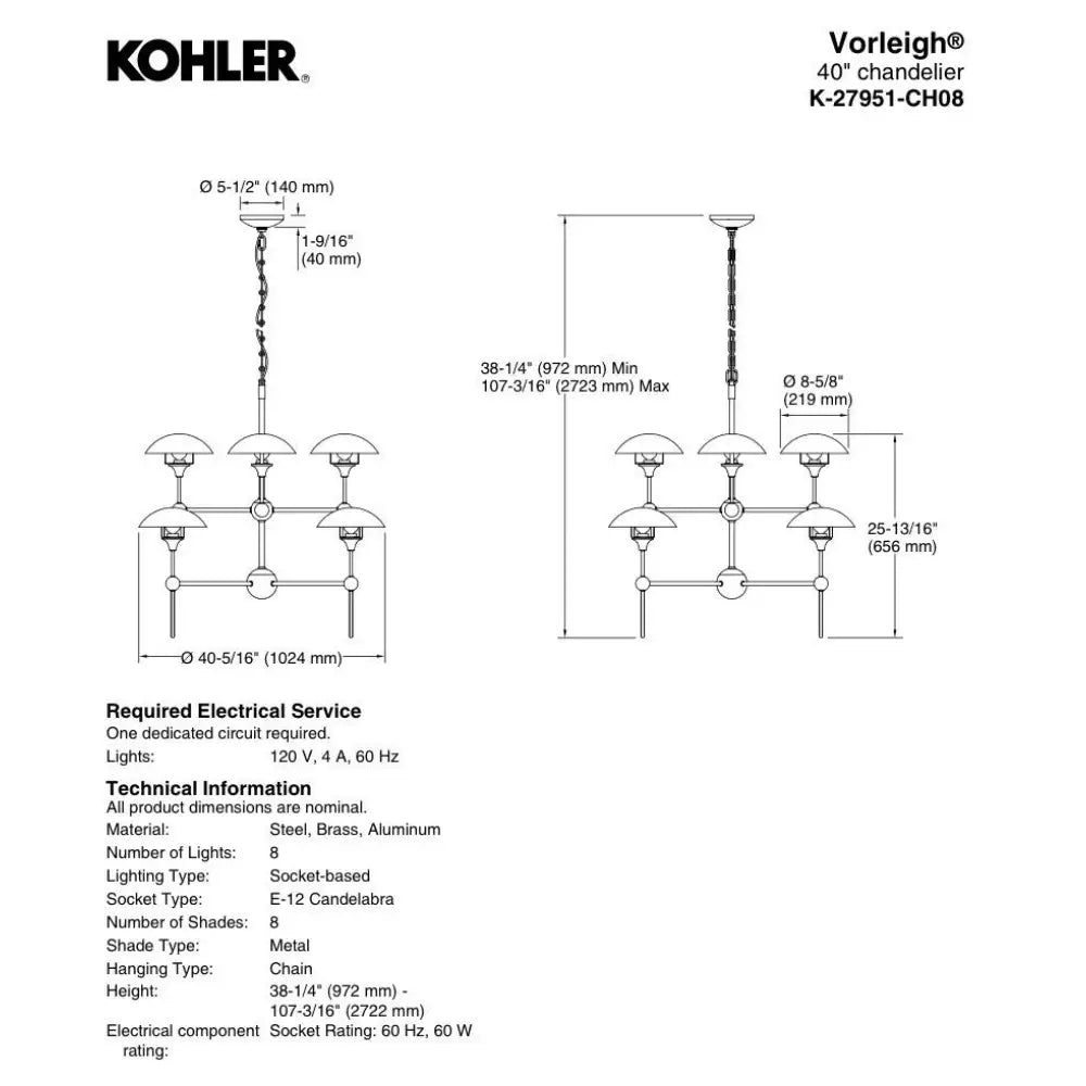 Kohler K-27951-CH08-SNL Vorleigh Chandelier in Polished Nickel, view 4