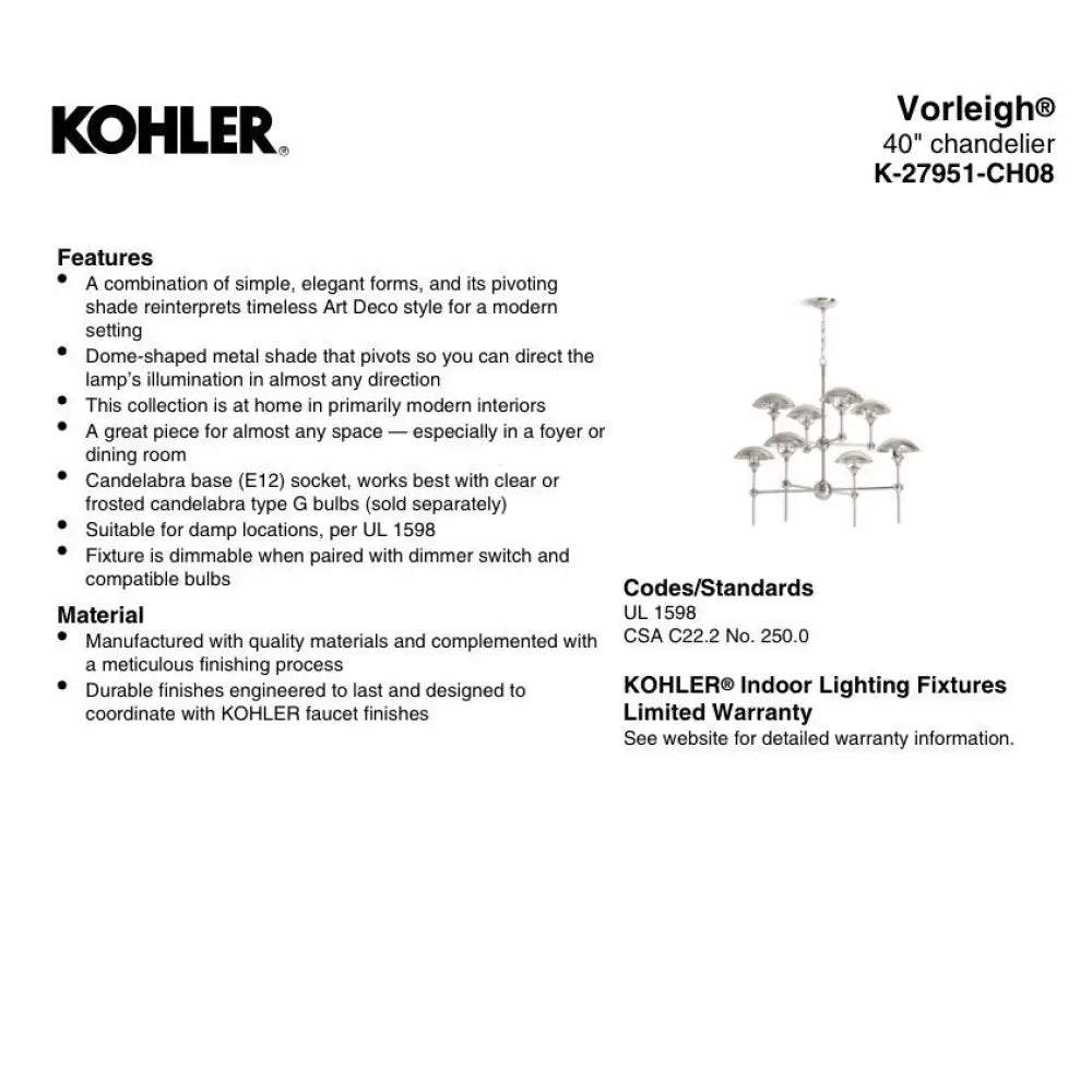 Kohler K-27951-CH08-SNL Vorleigh Chandelier in Polished Nickel, view 3