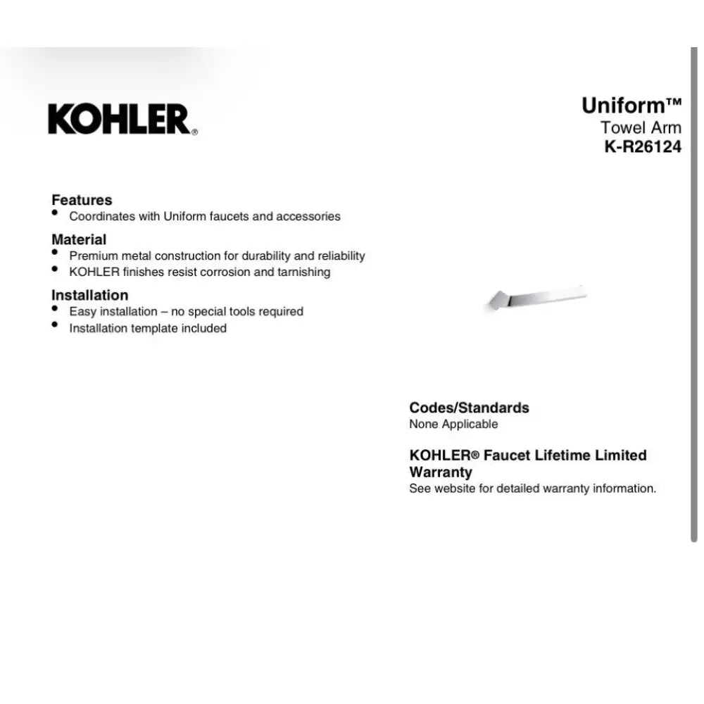 Kohler K-R26124-BN Uniform Towel Arm in Vibrant Brushed Nickel, view 2